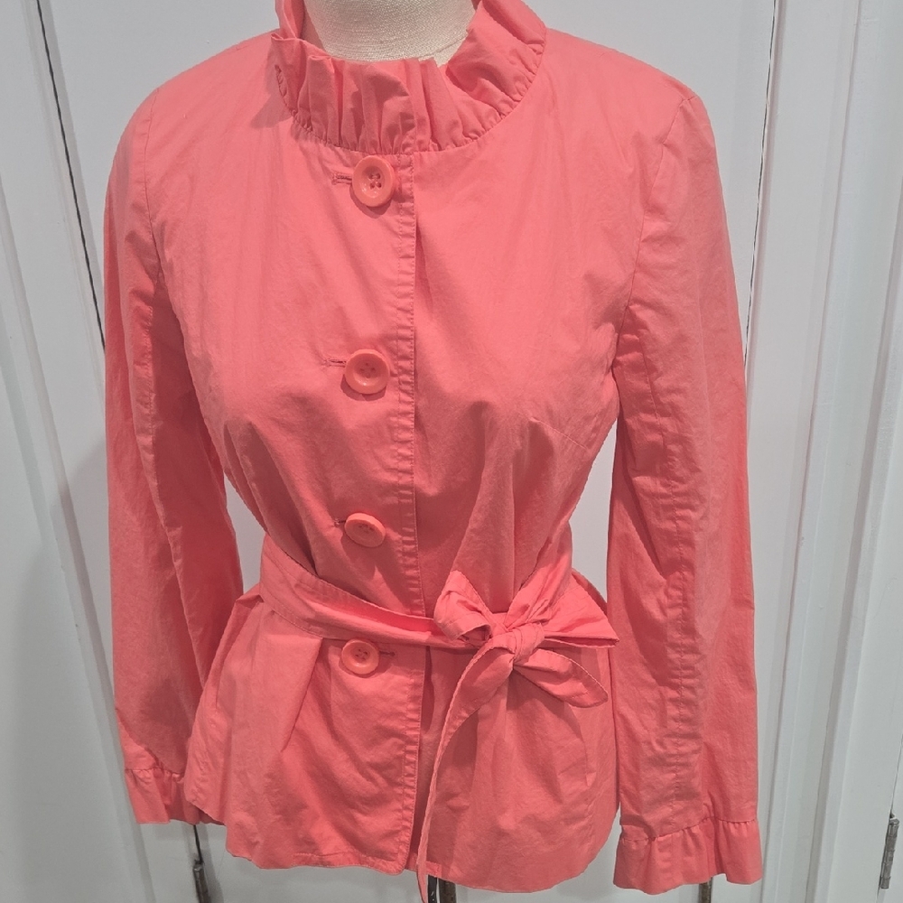 J. Crew Coral Trench Coat with Ruffle Collar